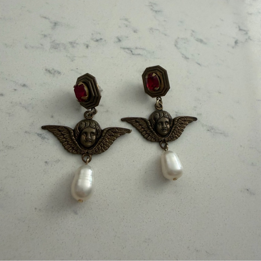 Vintage Angel Wing Earrings with Pearl and Red Accents
